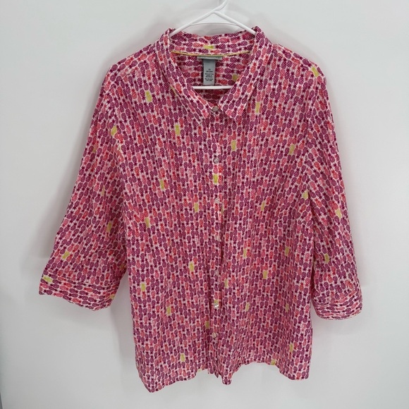 Catherines Button Up Top Womens Plus Size 3X 26/28W Pink Pineapple 3/4 Sleeve - Picture 3 of 8